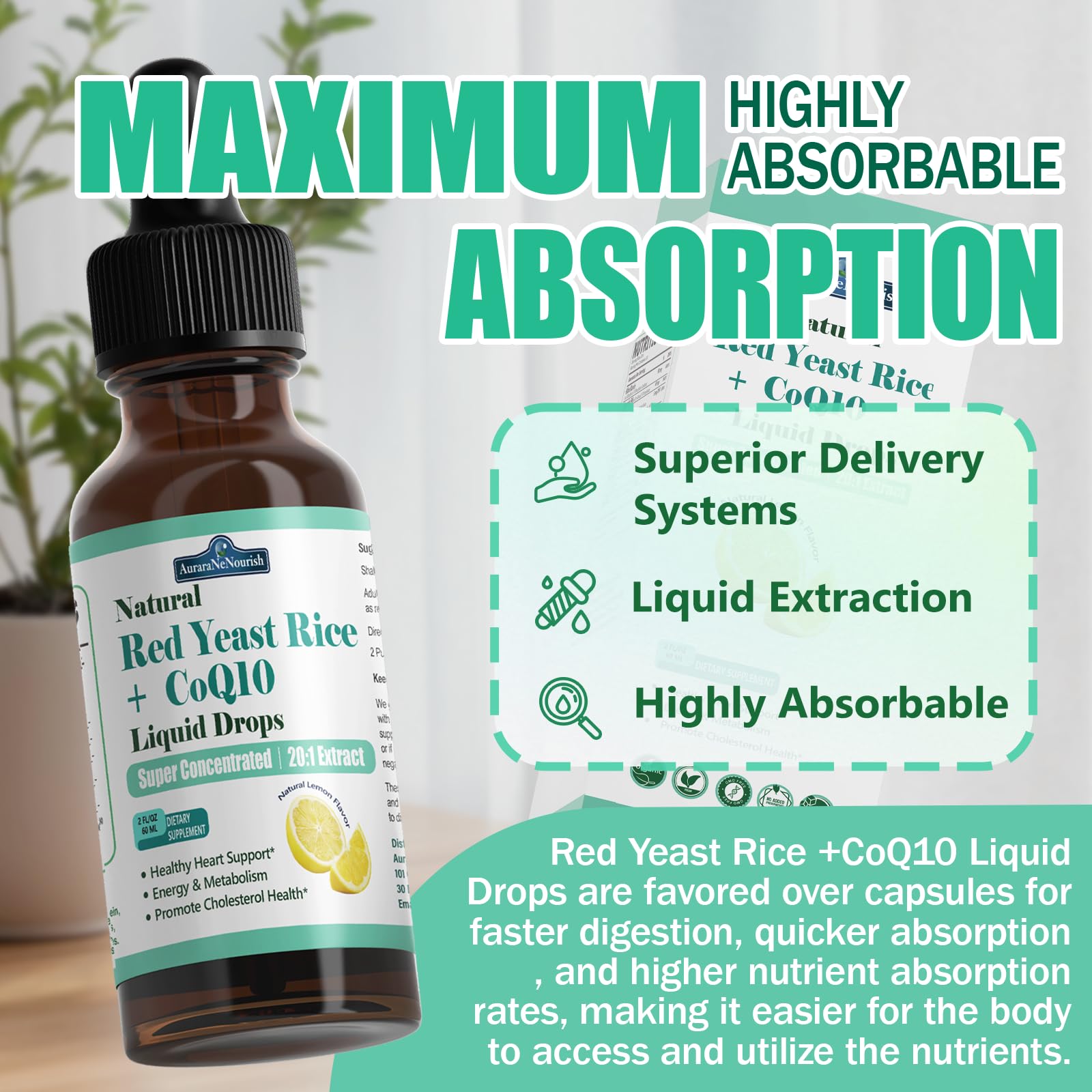 Liposomal Red Yeast Rice with Coq10 Liquid Drops, 5-in-1 Extra Strength 1200mg Cholesterol & Heart Support w. Citrus Bergamot Alpha Lipoic Acid | Cholesterol Lowering Supplement | GMO & Citrinin Free AuraraNeNourishBuy Supplements Australia