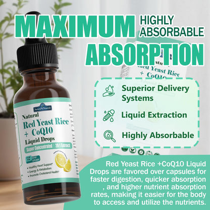 Liposomal Red Yeast Rice with Coq10 Liquid Drops, 5-in-1 Extra Strength 1200mg Cholesterol & Heart Support w. Citrus Bergamot Alpha Lipoic Acid | Cholesterol Lowering Supplement | GMO & Citrinin Free AuraraNeNourishBuy Supplements Australia