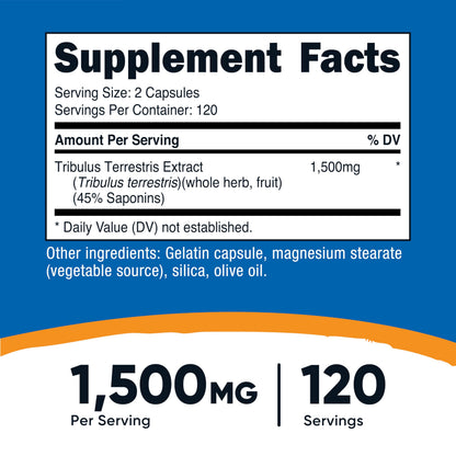 Nutricost Tribulus Terrestris Extract 1500mg, 240 Capsules - 45% Saponins, 120 Servings, Non-GMO, Gluten Free