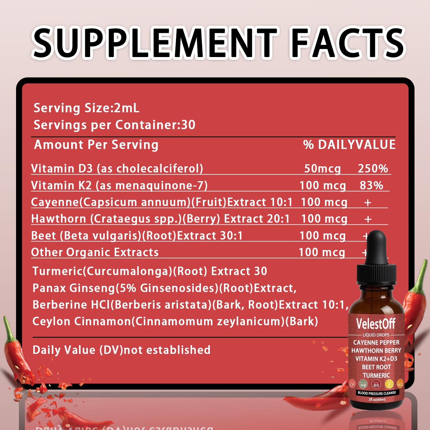 Velestoff Cayenne Pepper & Cayenne Pepper Drops Liquid Supplement with Hawthorn, Beet Root, Turmeric, Vitamin K2 D3 NutralisBuy Supplements Australia