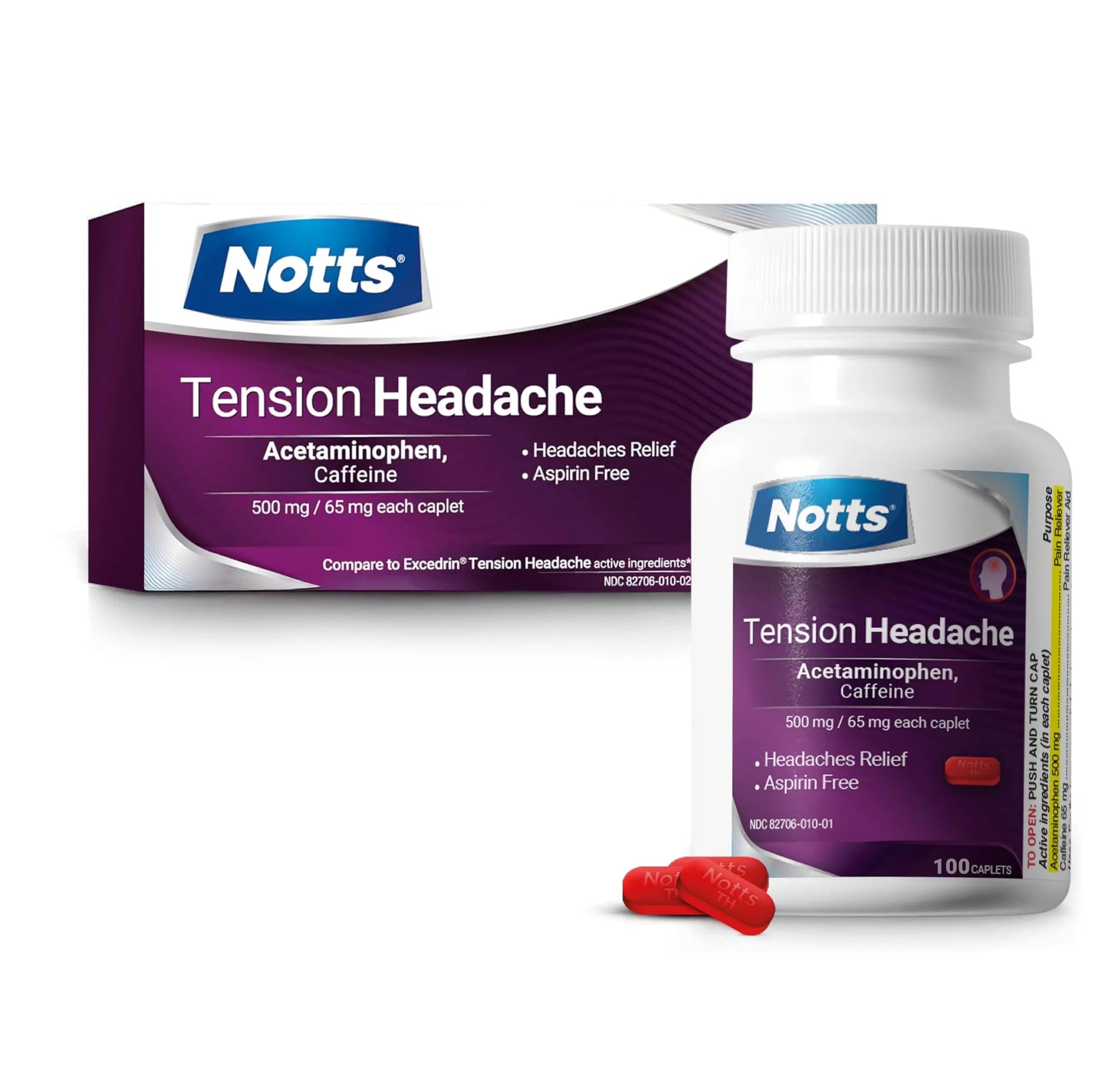 NOTTS Tension Headache Relief Without Aspirin for Head, Neck & Shoulder Pain - 100 Count, Acetaminophen 500 mg Caffeine 65 mg Caplets, for Aches Caused by Tension and Stress. Headache Relief caplets NOTTSBuy Supplements Australia