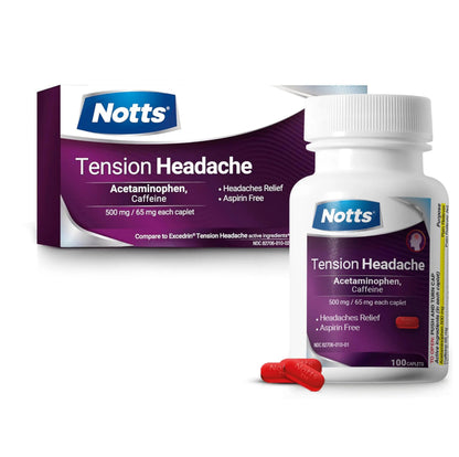 NOTTS Tension Headache Relief Without Aspirin for Head, Neck & Shoulder Pain - 100 Count, Acetaminophen 500 mg Caffeine 65 mg Caplets, for Aches Caused by Tension and Stress. Headache Relief caplets NOTTSBuy Supplements Australia