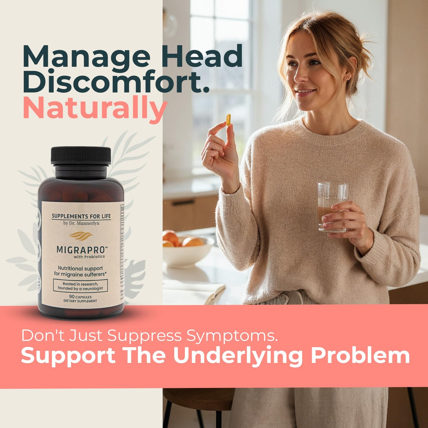 Dr. Munnerlyn MigraPro with Probiotics, Brain and Gut Health Support Supplement with Magnesium, Riboflavin, CoQ10, Ginger Root, Asian Ginseng, Vitamin C, Feverfew & Turmeric, Gluten Free, 90 Capsules Dr. Munnerlyn buy supplements Au