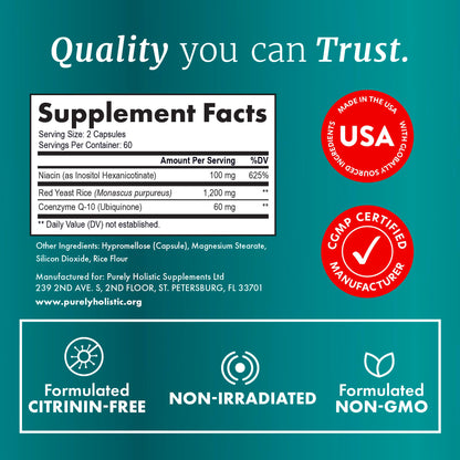 Red Yeast Rice with CoQ10 Supplement | Healthy Cholesterol Levels & Heart Health Support | Extra Strength Red Yeast Rice 1200 MG (600 MG Per Capsule) with Monakolin K