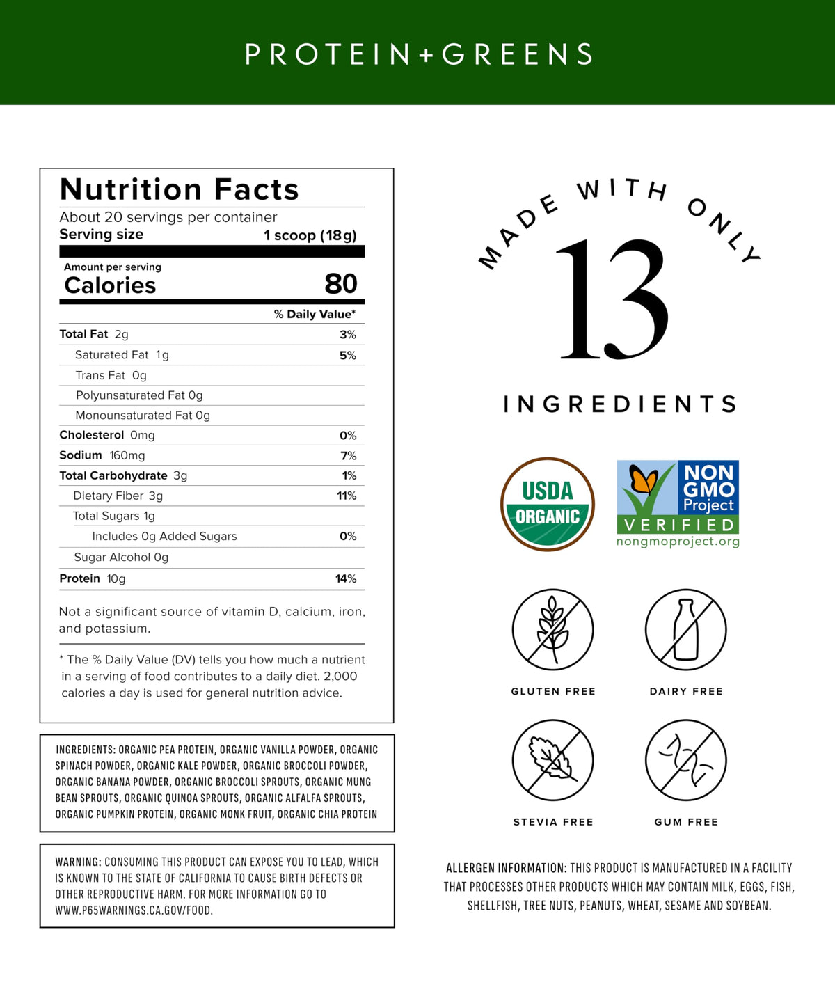 Truvani Protein + Greens Supplement | Spinach, Kale & Broccoli | 10g Organic Plant Based Protein | 20 Servings | USDA Organic | Gluten & Dairy Free