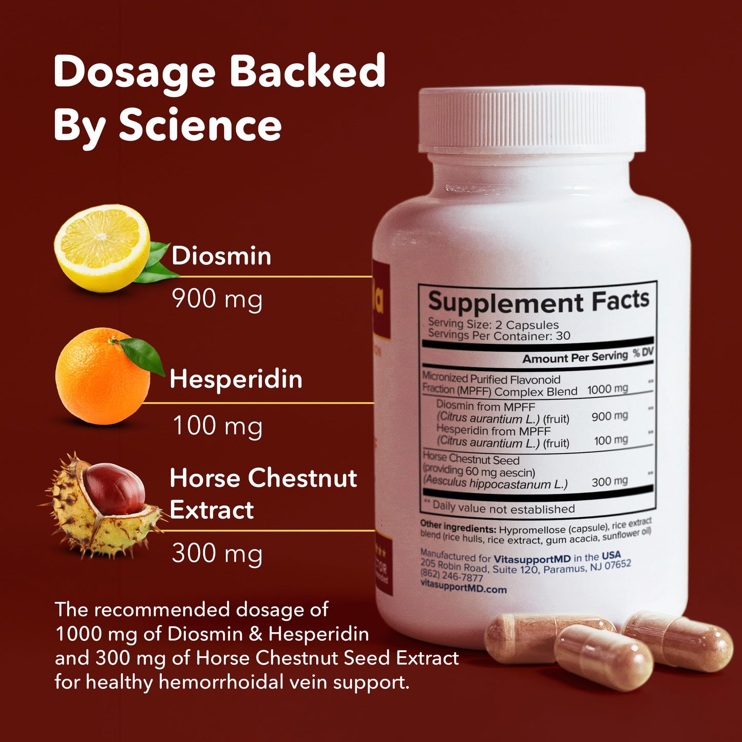 VITASUPPORTMD H Formula Diosmin Hesperidin 1000mg, Horse Chestnut Extract 300mg, Hemorrhoidal Vein Support, Micronized MPFF Bioflavonoids Supplement for Hemorrhoidal Vein Health Support, 60 Capsules VITASUPPORTMDBuy Supplements Australia