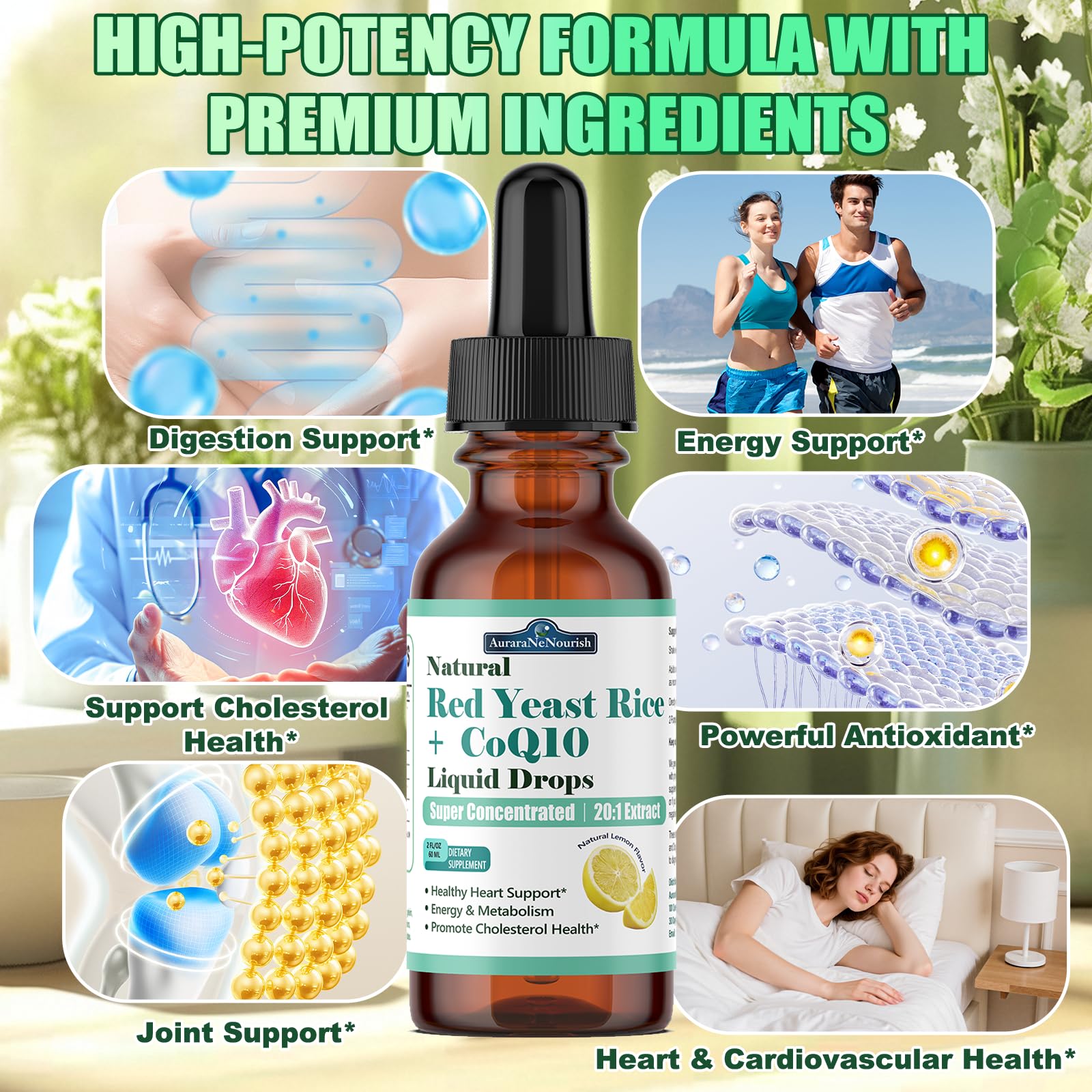 Liposomal Red Yeast Rice with Coq10 Liquid Drops, 5-in-1 Extra Strength 1200mg Cholesterol & Heart Support w. Citrus Bergamot Alpha Lipoic Acid | Cholesterol Lowering Supplement | GMO & Citrinin Free AuraraNeNourishBuy Supplements Australia