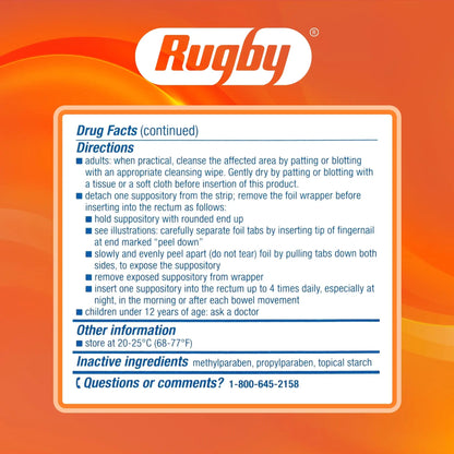 Rugby Hemorrhoidal Suppositories - Soothing and Shrinking Action for Internal Hemorrhoids with Cocoa Butter and Phenylephrine HCl, Easy Open Design - 12 Count RUGBY LABORATORIESBuy Supplements Australia
