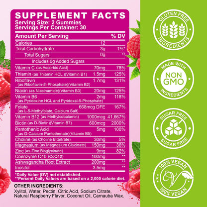 Vitamin B Complex Gummies for Women & Me, Vitamin B12, B1, B2, B3, B6, B7, B9 with Vitamin C, Zinc, Magnesium & CoQ10 for Energy, Brain, Nervous System & Mood,