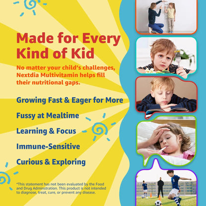 Kids Multivitamin Gummies with Iron, Sugar Free, Kids Daily Vitamins + Probiotics, Algae Omega 3 (EPA/DHA), A, C, D, Methyl B12, Folate, B6, Zinc, Biotin Nextdia