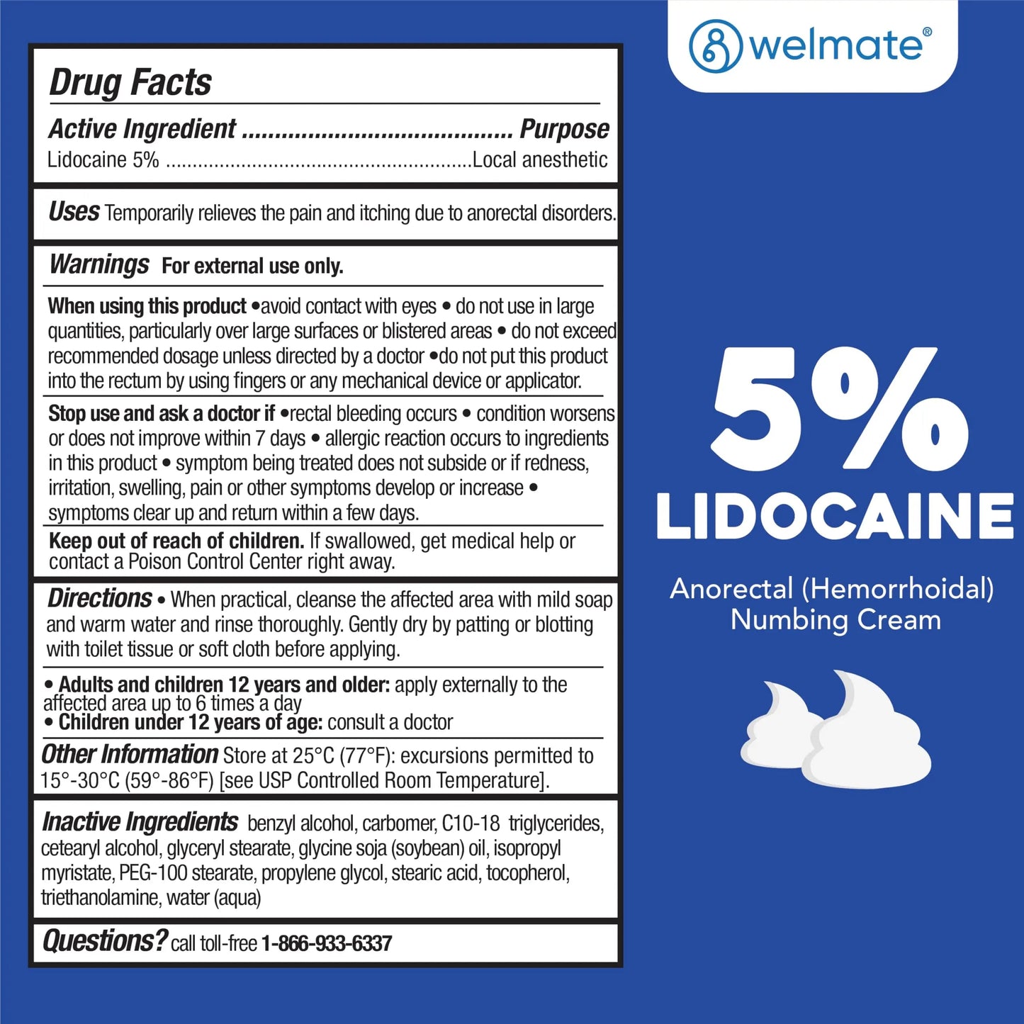 WELMATE 5% Lidocaine Cream for Hemorrhoids – Fast-Acting Lidocaine Numbing Cream & Topical Analgesic Cream for Anorectal Itch Relief, Unscented, Child Resistant Packaging 2 oz (60g) WELMATEBuy Supplements Australia