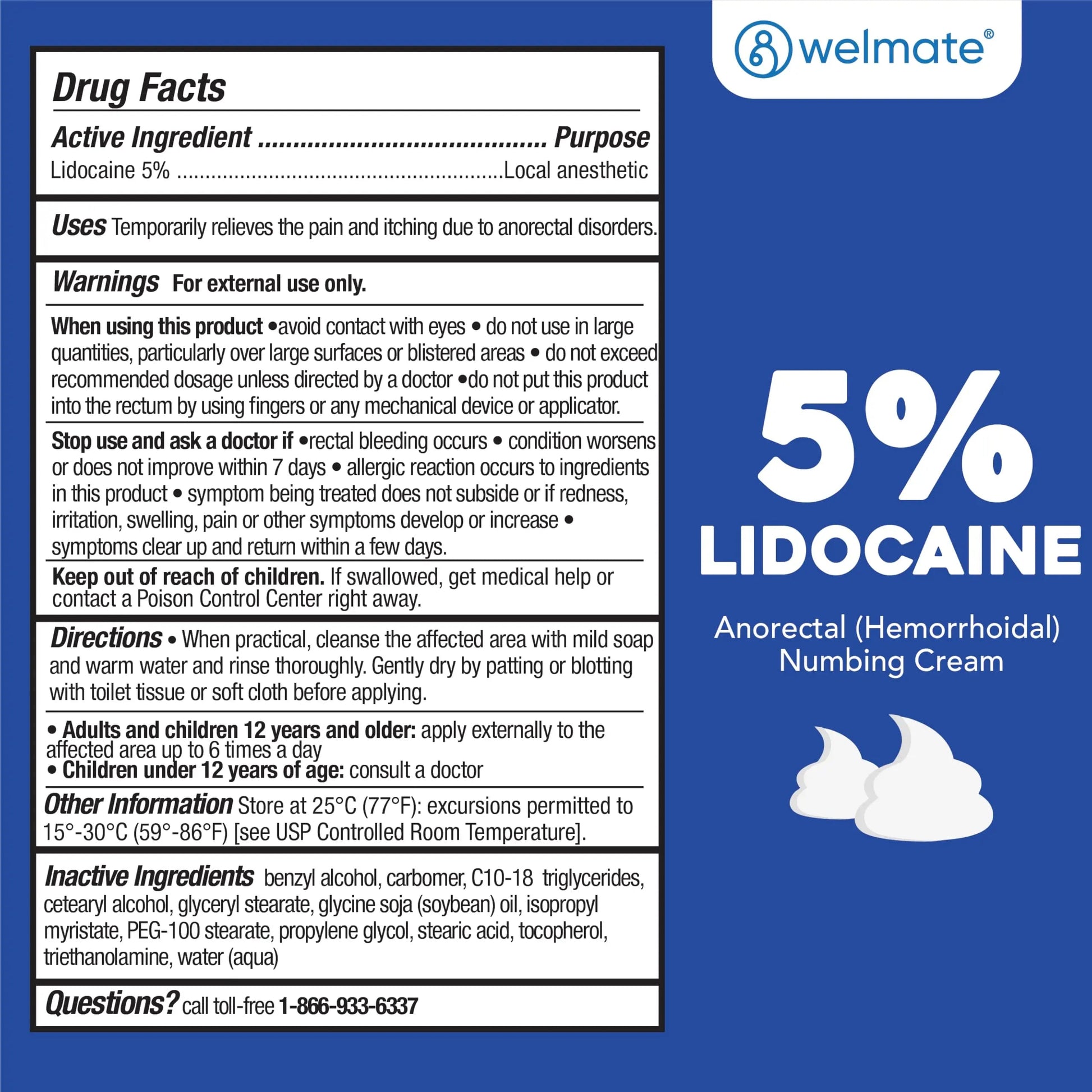 WELMATE 5% Lidocaine Cream for Hemorrhoids – Fast-Acting Lidocaine Numbing Cream & Topical Analgesic Cream for Anorectal Itch Relief, Unscented, Child Resistant Packaging 2 oz (60g) WELMATEBuy Supplements Australia