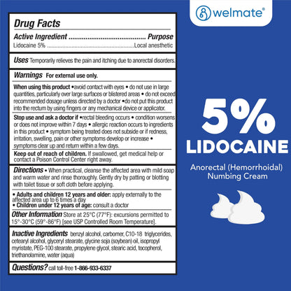 WELMATE 5% Lidocaine Cream for Hemorrhoids – Fast-Acting Lidocaine Numbing Cream & Topical Analgesic Cream for Anorectal Itch Relief, Unscented, Child Resistant Packaging 2 oz (60g) WELMATEBuy Supplements Australia