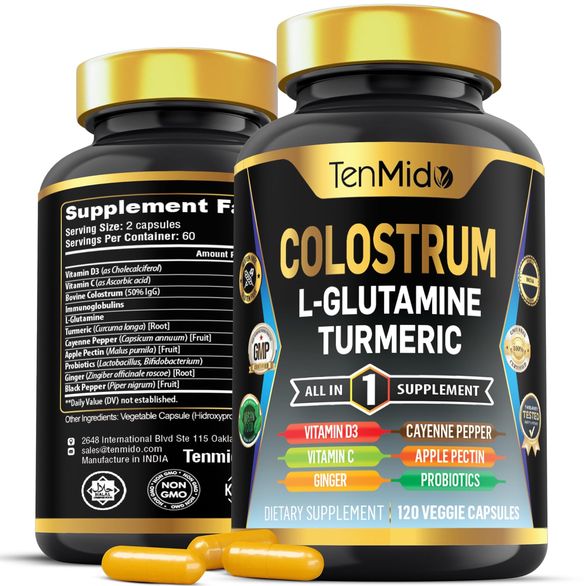 Tenmido Colostrum Supplement - 10in1 Formula - Combine with L- Glutamine, Turmeric, Cayenne Pepper, Apple Pectin, Probiotics, Ginger, and More - Digestive Health, Immune Support - 120 Capsules TenmidoBuy Supplements Australia