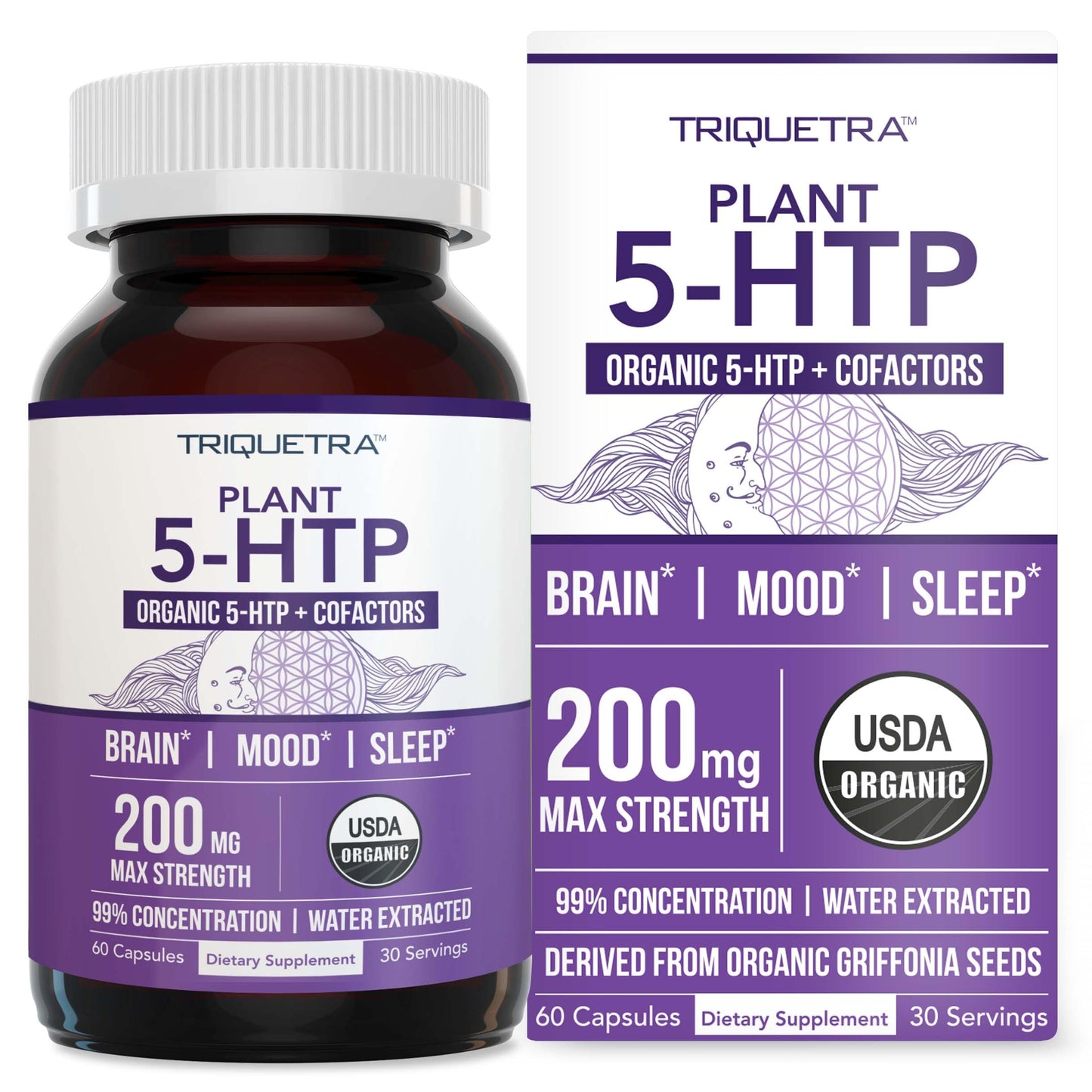 Organic 5-HTP - 200 mg | 99% 5HTP Concentration, Plus Cofactor Vitamin B6 & Lion’s Mane | Water Extracted from Organic Griffonia Seeds | Supports Mood