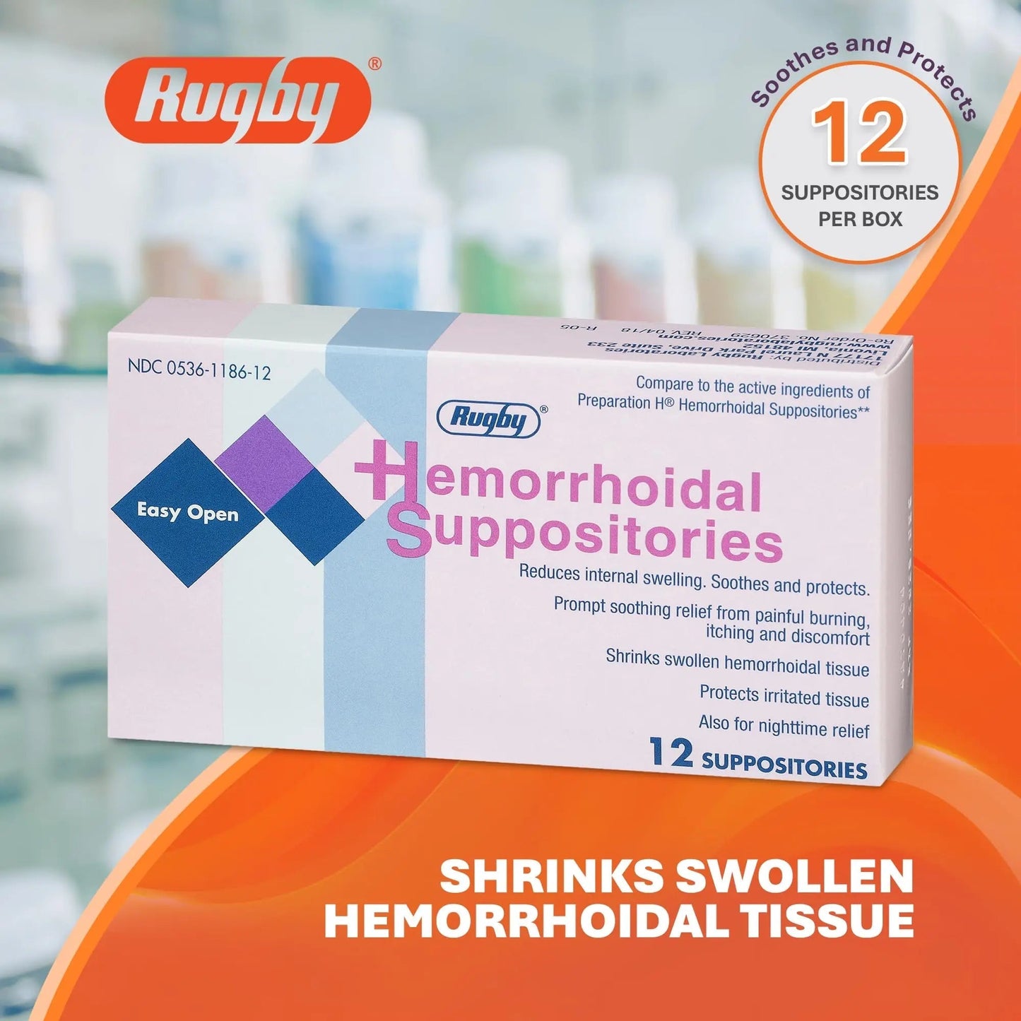 Rugby Hemorrhoidal Suppositories - Soothing and Shrinking Action for Internal Hemorrhoids with Cocoa Butter and Phenylephrine HCl, Easy Open Design - 12 Count RUGBY LABORATORIESBuy Supplements Australia