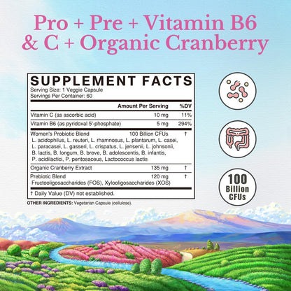 Vitalitown Women's Probiotics | 100 Billion CFUs 18 Strains | Prebiotics, VC & B6, Cranberry | Shelf Stable | Vaginal, Urinary