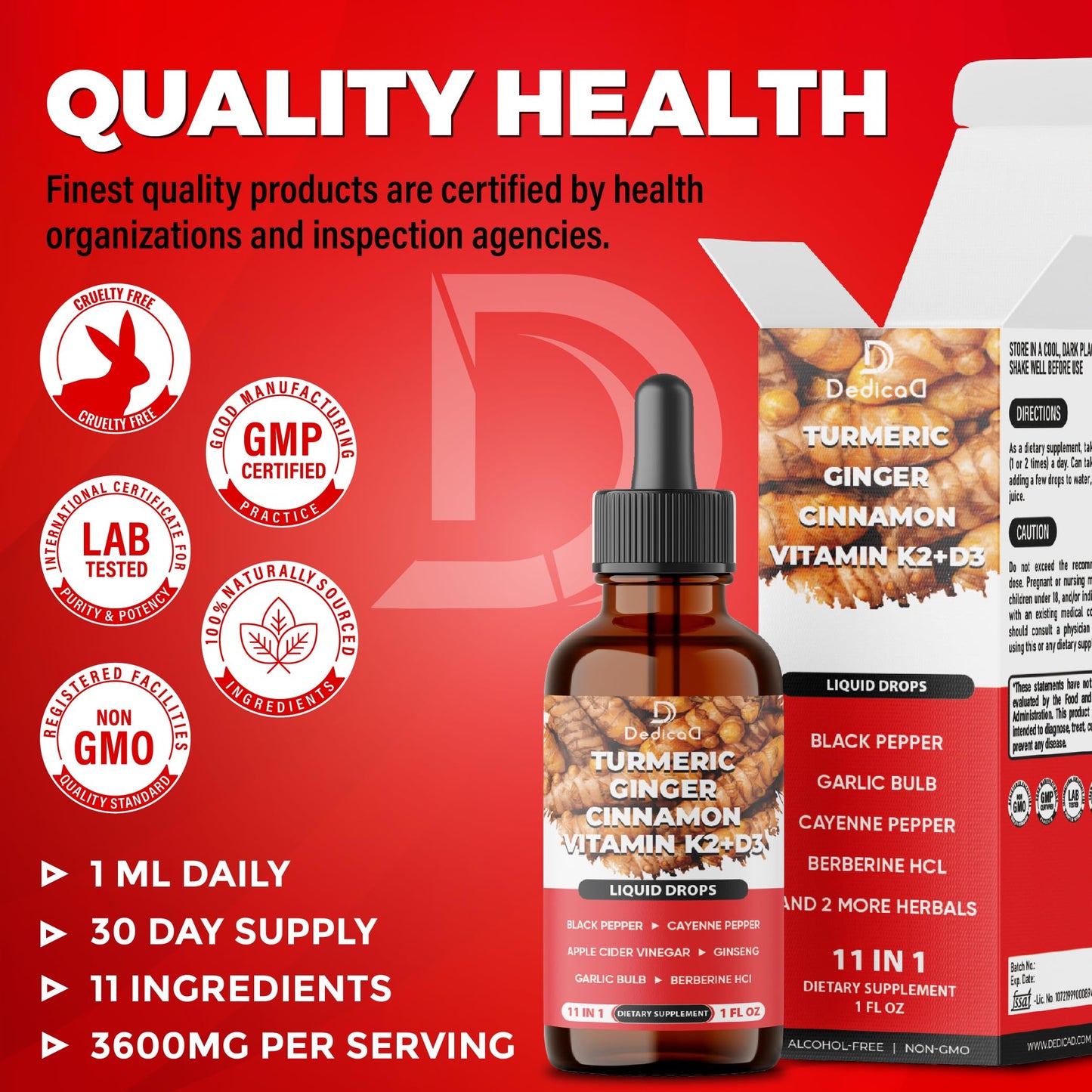 11in1 Liquid Turmeric Supplement – with Ginger, Garlic, Ceylon Cinnamon, Berberine, Ginseng, Apple Cider Vinegar – 1 Fl Oz – 30 Servings DEDICAD buy supplements Au