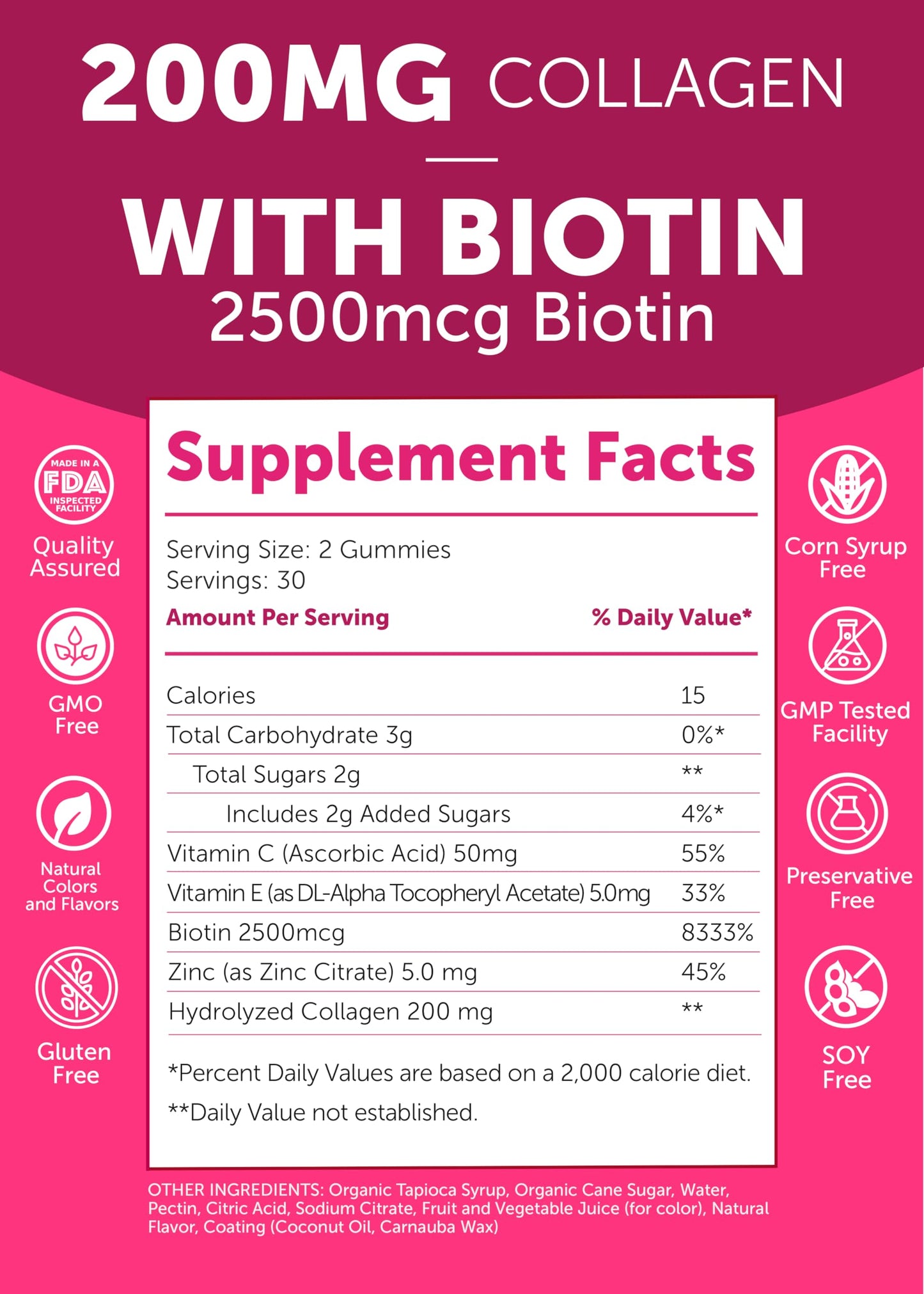 Lunakai USA Made Collagen Peptides Gummies - 200mg Non-GMO Anti-Aging Formula with Biotin, Zinc, Vitamins C