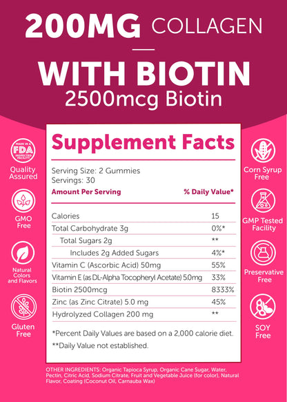 Lunakai USA Made Collagen Peptides Gummies - 200mg Non-GMO Anti-Aging Formula with Biotin, Zinc, Vitamins C