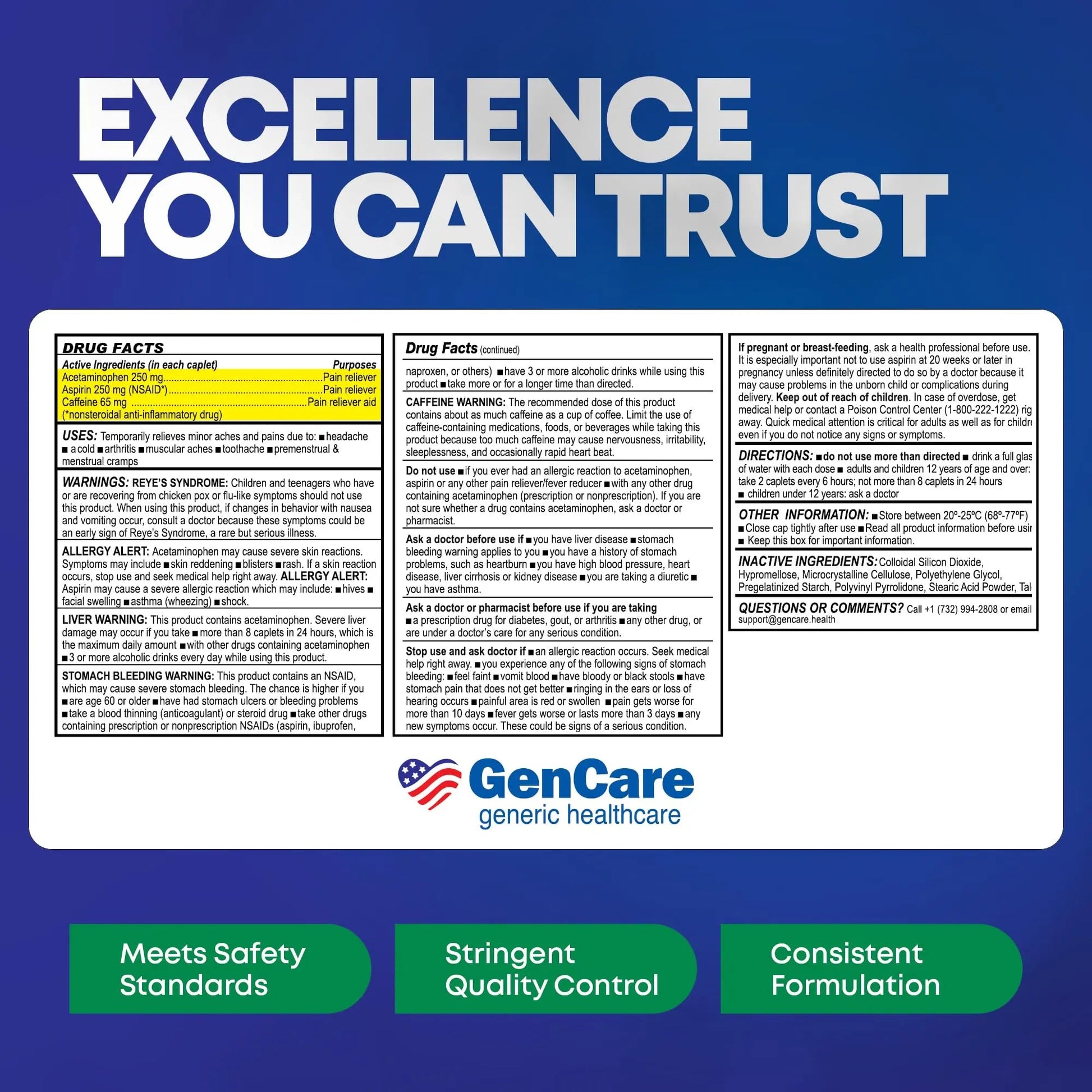 GenCare - Headache Relief Acetaminophen with Aspirin (NSAID) & Caffeine (300 Caplets) Value Pack | Head Pain, Muscle Aches, Back Pain & Body | Generic ExcedrEn Extra Strength GenCareBuy Supplements Australia