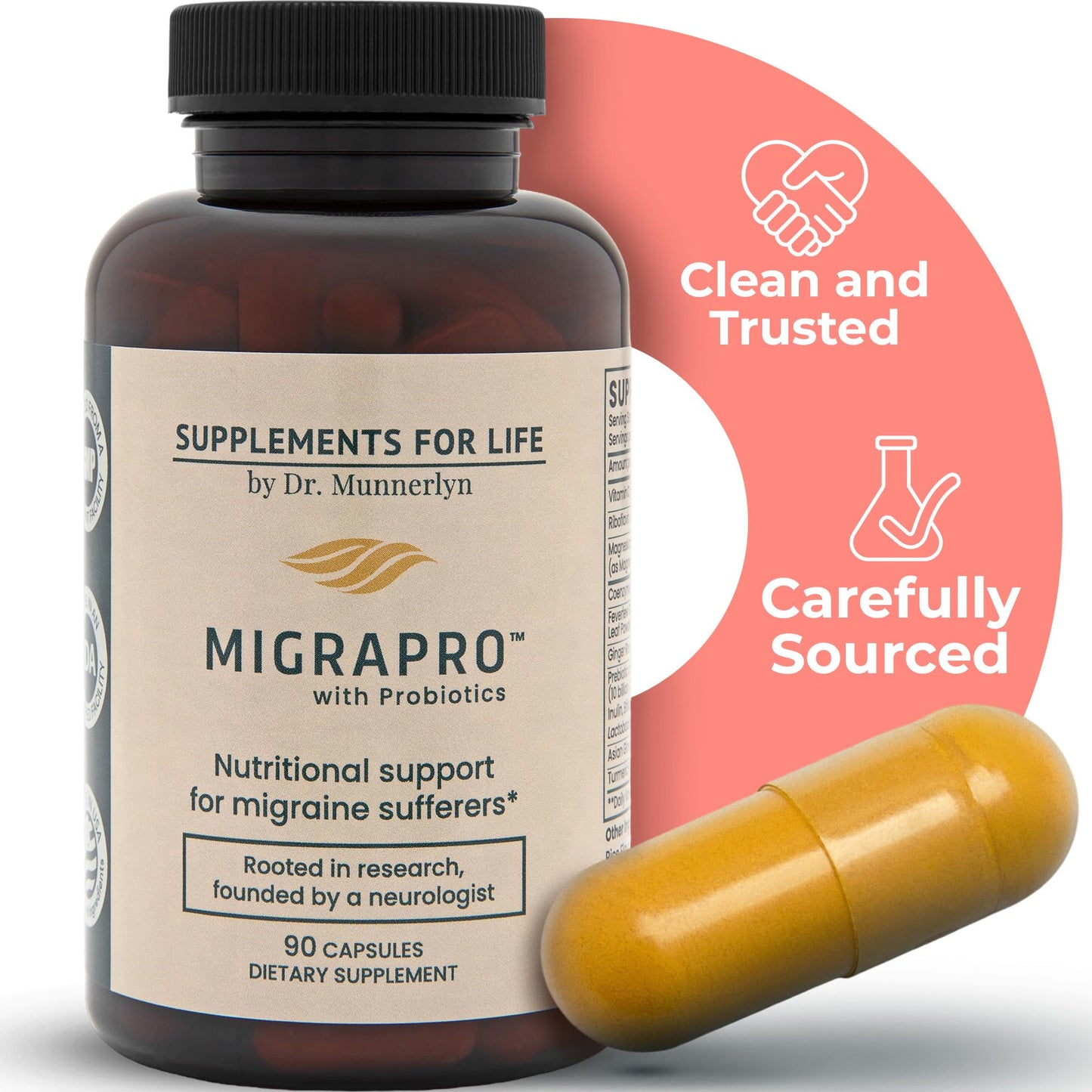 Dr. Munnerlyn MigraPro with Probiotics, Brain and Gut Health Support Supplement with Magnesium, Riboflavin, CoQ10, Ginger Root, Asian Ginseng, Vitamin C, Feverfew & Turmeric, Gluten Free, 90 Capsules Dr. Munnerlyn buy supplements Au