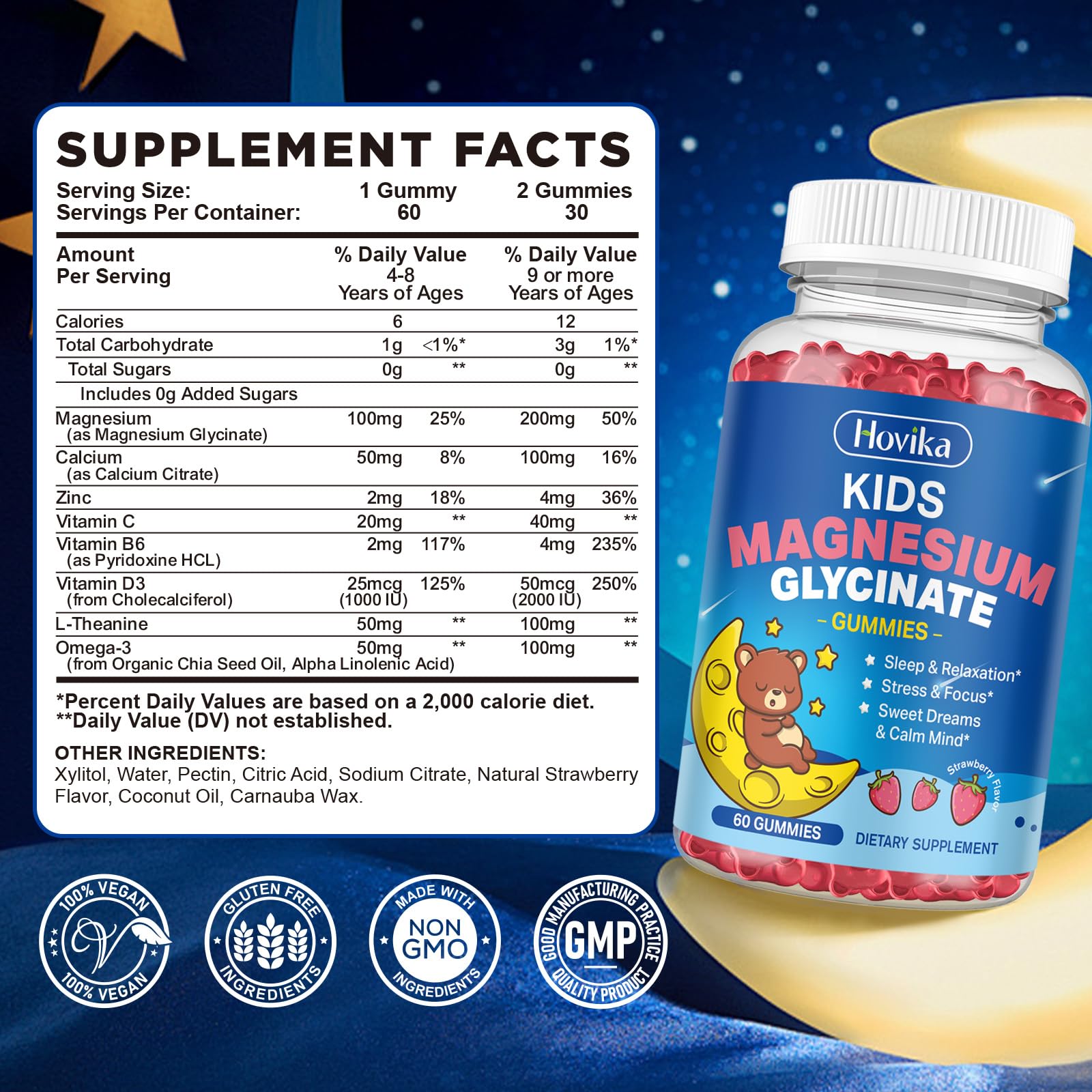 Magnesium Glycinate Gummies for Kids - with L-Theanine, Omega-3, Vitamin B6, D3, Zinc - Kids Magnesium Gummies for Sleep, Relaxation, Calm & Focus - Sugar Free Strawberry 60ct HovikaBuy Supplements Australia