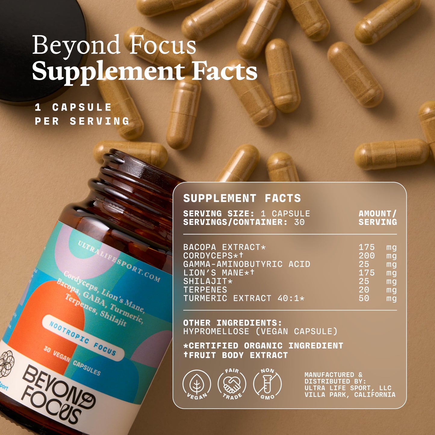 Ultra Life Sport - Beyond Focus Organic Mushroom Supplement - 30 Capsule Brain Supplements for Memory and Focus - 100% Vegan, Non-GMO - Memory Booster with Bacopa, Cordyceps, & Lion’s Mane Ultra Life Sport buy supplements Au