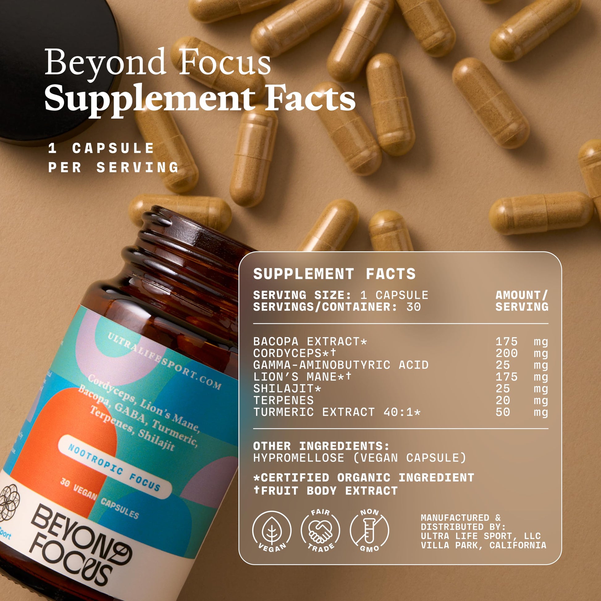 Ultra Life Sport - Beyond Focus Organic Mushroom Supplement - 30 Capsule Brain Supplements for Memory and Focus - 100% Vegan, Non-GMO - Memory Booster with Bacopa, Cordyceps, & Lion’s Mane Ultra Life Sport buy supplements Au