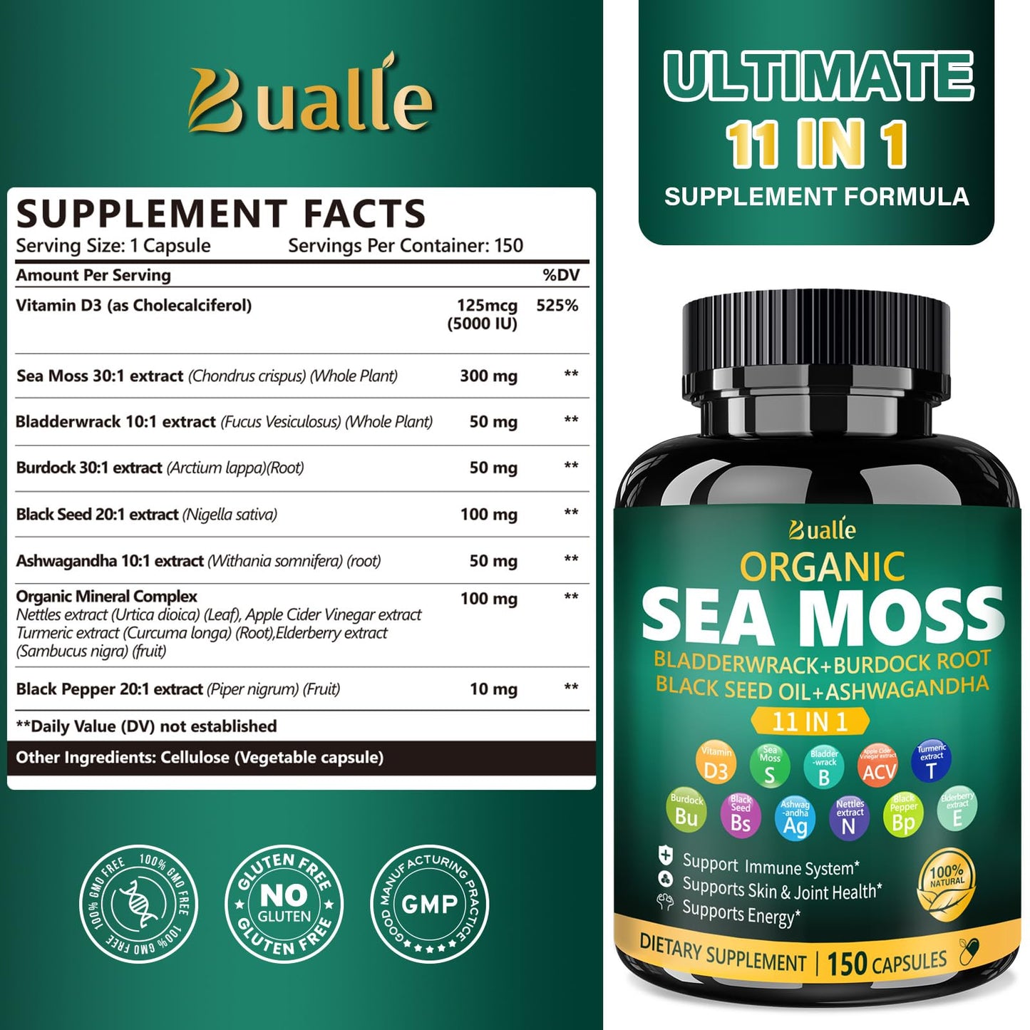 Bualle Irish Sea Moss Capsules – Organic Sea Moss, Black Seed Oil, Ashwagandha Supplements with Bladderwrack, Ginger & Burdock Root – Supports Daily Wellness, Skin & Energy – 150 Count (1 Pack) Bualle buy supplements Au