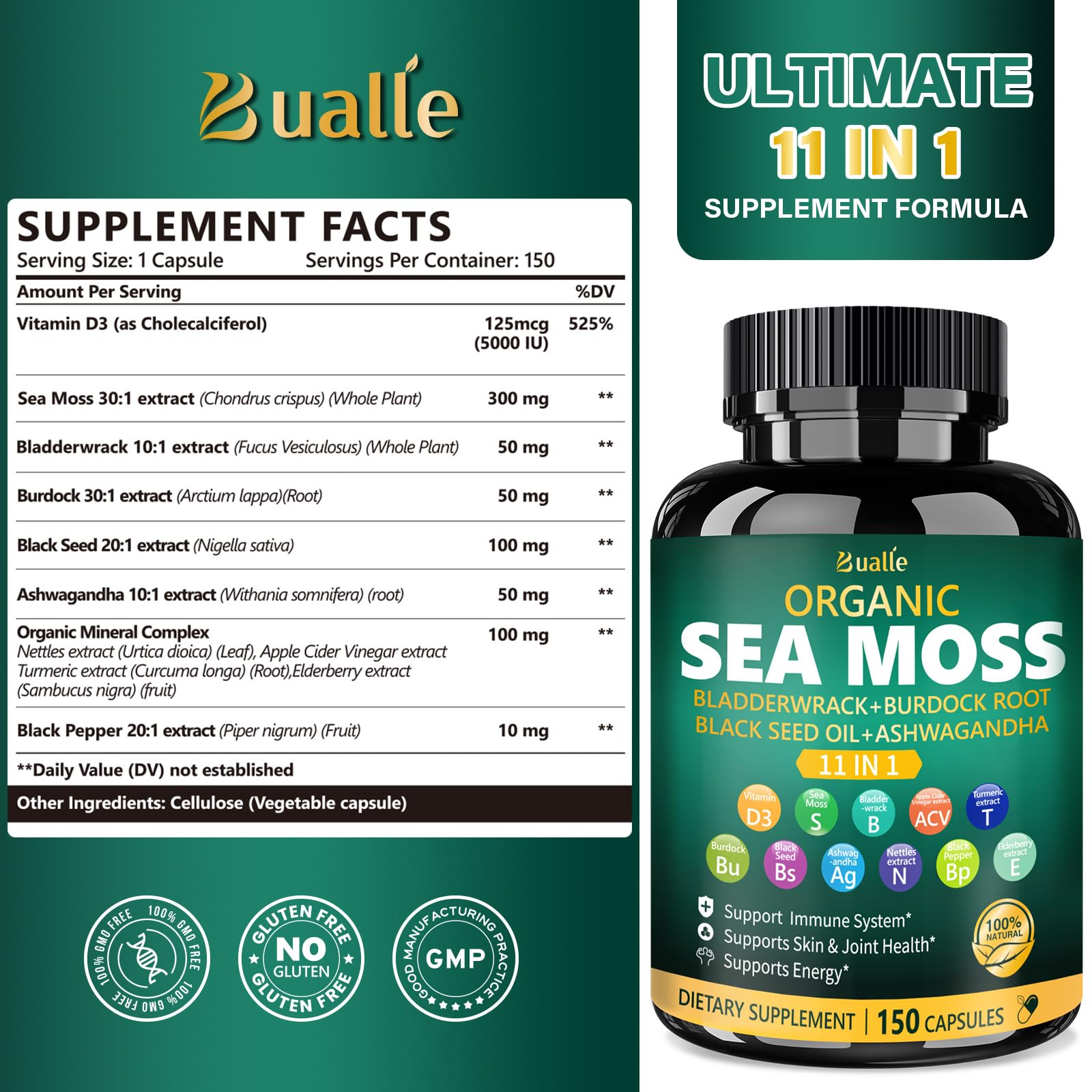 Bualle Irish Sea Moss Capsules – Organic Sea Moss, Black Seed Oil, Ashwagandha Supplements with Bladderwrack, Ginger & Burdock Root – Supports Daily Wellness, Skin & Energy – 150 Count (1 Pack) Bualle buy supplements Au