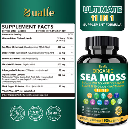 Bualle Irish Sea Moss Capsules – Organic Sea Moss, Black Seed Oil, Ashwagandha Supplements with Bladderwrack, Ginger & Burdock Root – Supports Daily Wellness, Skin & Energy – 150 Count (1 Pack) Bualle buy supplements Au