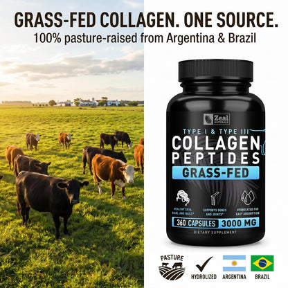 Collagen Peptides Capsules 360 Count - Grass Fed Bovine Hydrolyzed Collagen Pills - Hair, Skin & Nails, Joint Support - Collagen Supplements for Women & Men