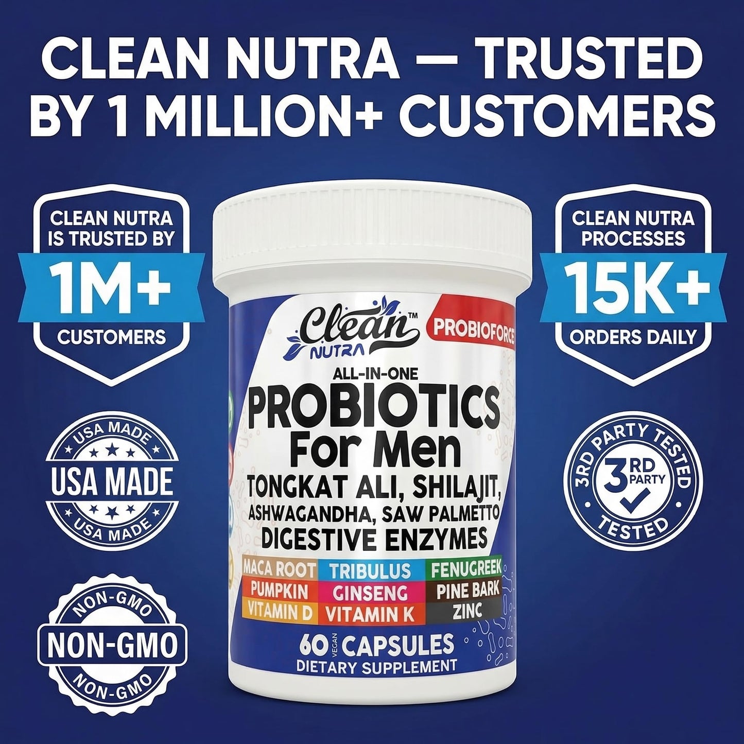 Clean Nutra Probiotics for Men | Tongkat Ali, Saw Palmetto, Tribulus, Ginseng, Ashwagandha, Maca, Pumpkin, Gingko Biloba, Pine Bark, Fenugreek, Shilajit, Zinc - Mens Probiotic 60 Capsules Clean NutraceuticalsBuy Supplements Australia