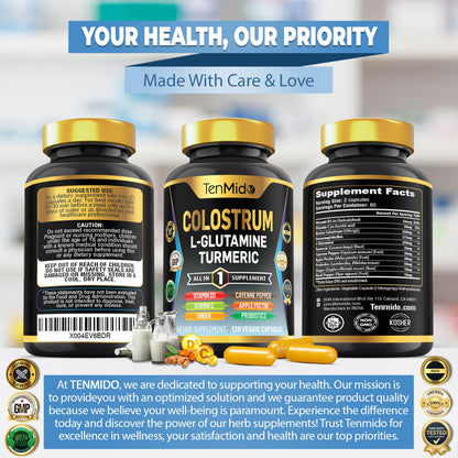 Tenmido Colostrum Supplement - 10in1 Formula - Combine with L- Glutamine, Turmeric, Cayenne Pepper, Apple Pectin, Probiotics, Ginger, and More - Digestive Health, Immune Support - 120 Capsules TenmidoBuy Supplements Australia