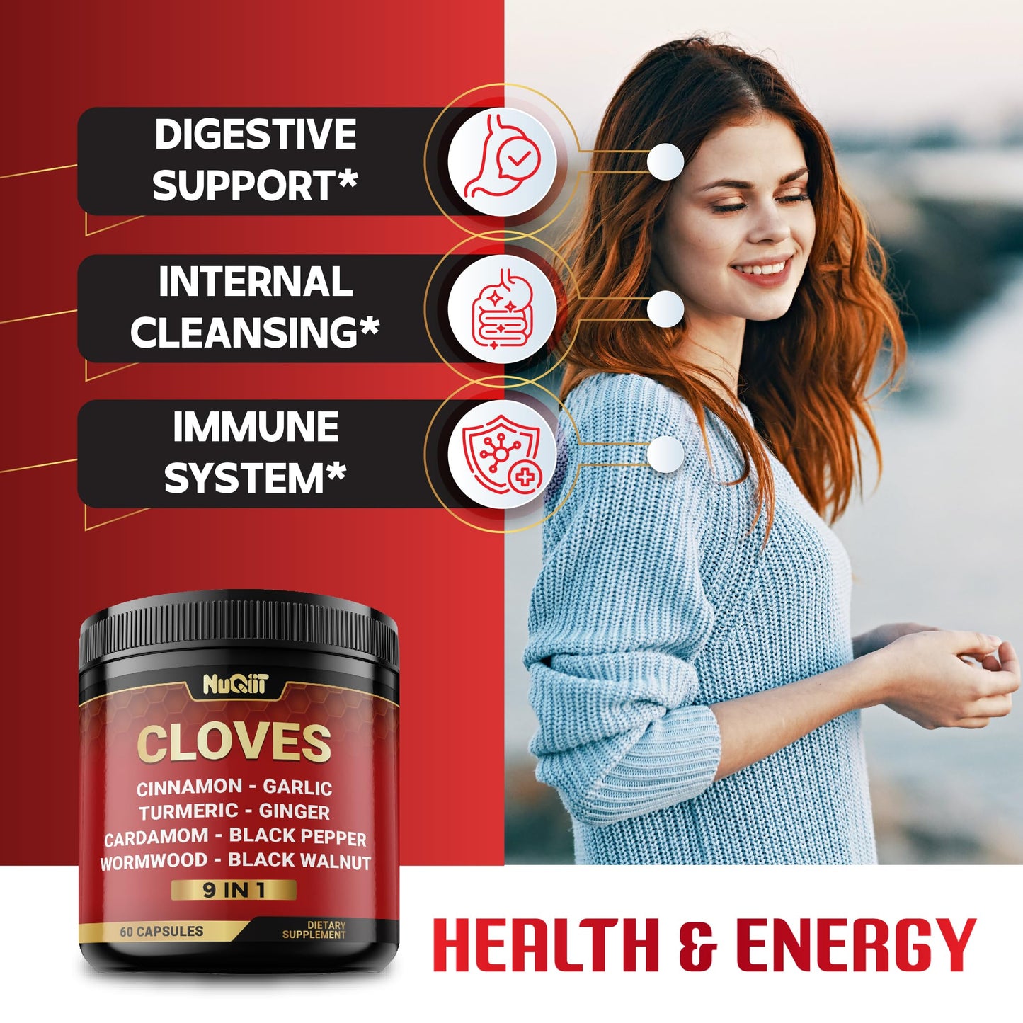 9in1 Clove Supplement Rich in Vitamins & Minerals for Digestive, Immune System, Bone & Heart Health with Cinnamon, Turmeric, Ginger, Cardamom, Garlic, Wormwood, Black Walnut - 60 Capsules - 30 Days NUQIITBuy Supplements Australia