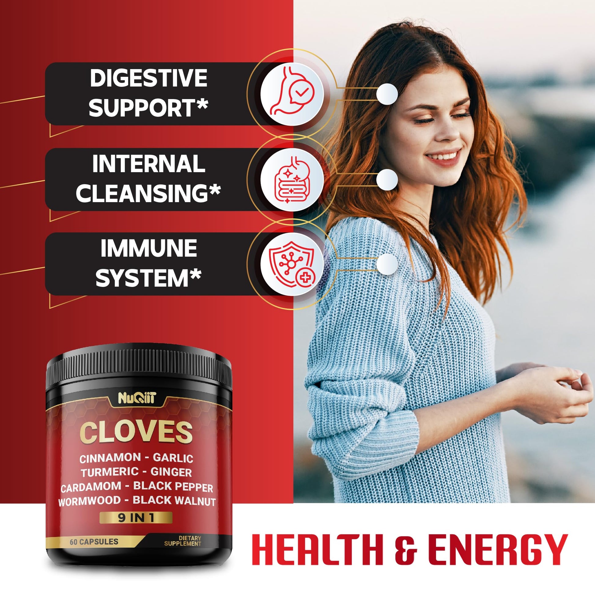 9in1 Clove Supplement Rich in Vitamins & Minerals for Digestive, Immune System, Bone & Heart Health with Cinnamon, Turmeric, Ginger, Cardamom, Garlic, Wormwood, Black Walnut - 60 Capsules - 30 Days NUQIITBuy Supplements Australia