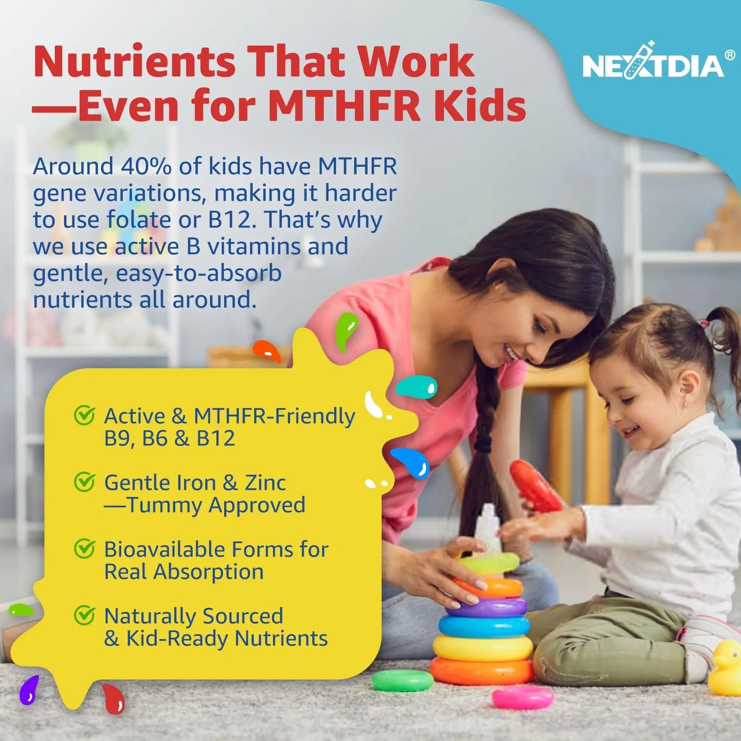 Kids Multivitamin Gummies with Iron, Sugar Free, Kids Daily Vitamins + Probiotics, Algae Omega 3 (EPA/DHA), A, C, D, Methyl B12, Folate, B6, Zinc, Biotin Nextdia
