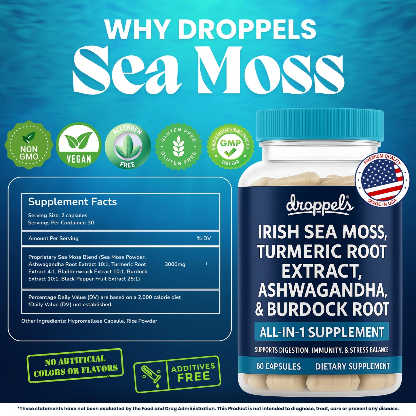 Droppels Irish Sea Moss Capsules with Turmeric Root, Ashwagandha, Black Pepper & Burdock Root – Natural Mineral Blend for Immune, Digestion, Joint & Energy Support – Vegan, Non-GMO – 60 Capsules Droppels buy supplements Au