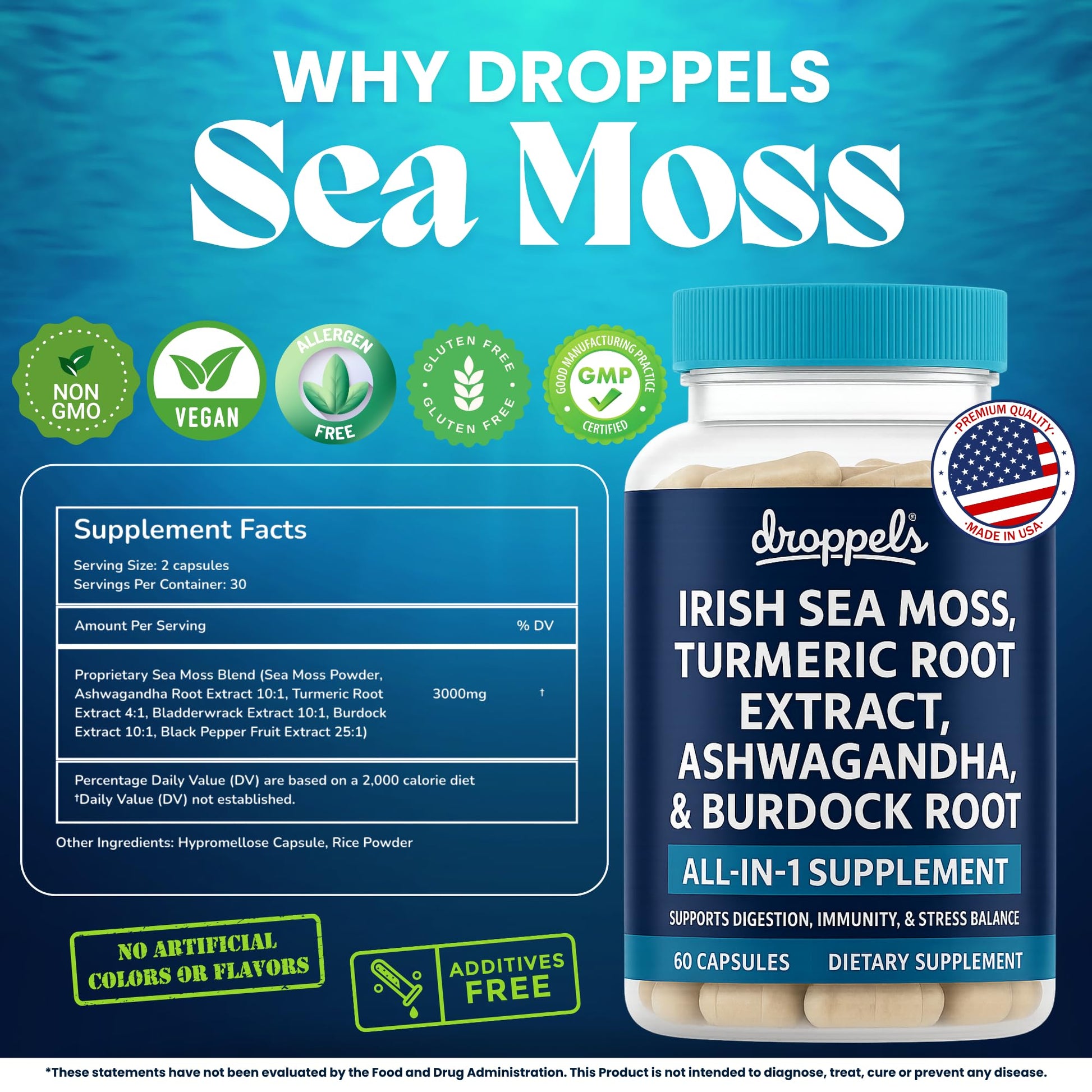 Droppels Irish Sea Moss Capsules with Turmeric Root, Ashwagandha, Black Pepper & Burdock Root – Natural Mineral Blend for Immune, Digestion, Joint & Energy Support – Vegan, Non-GMO – 60 Capsules Droppels buy supplements Au