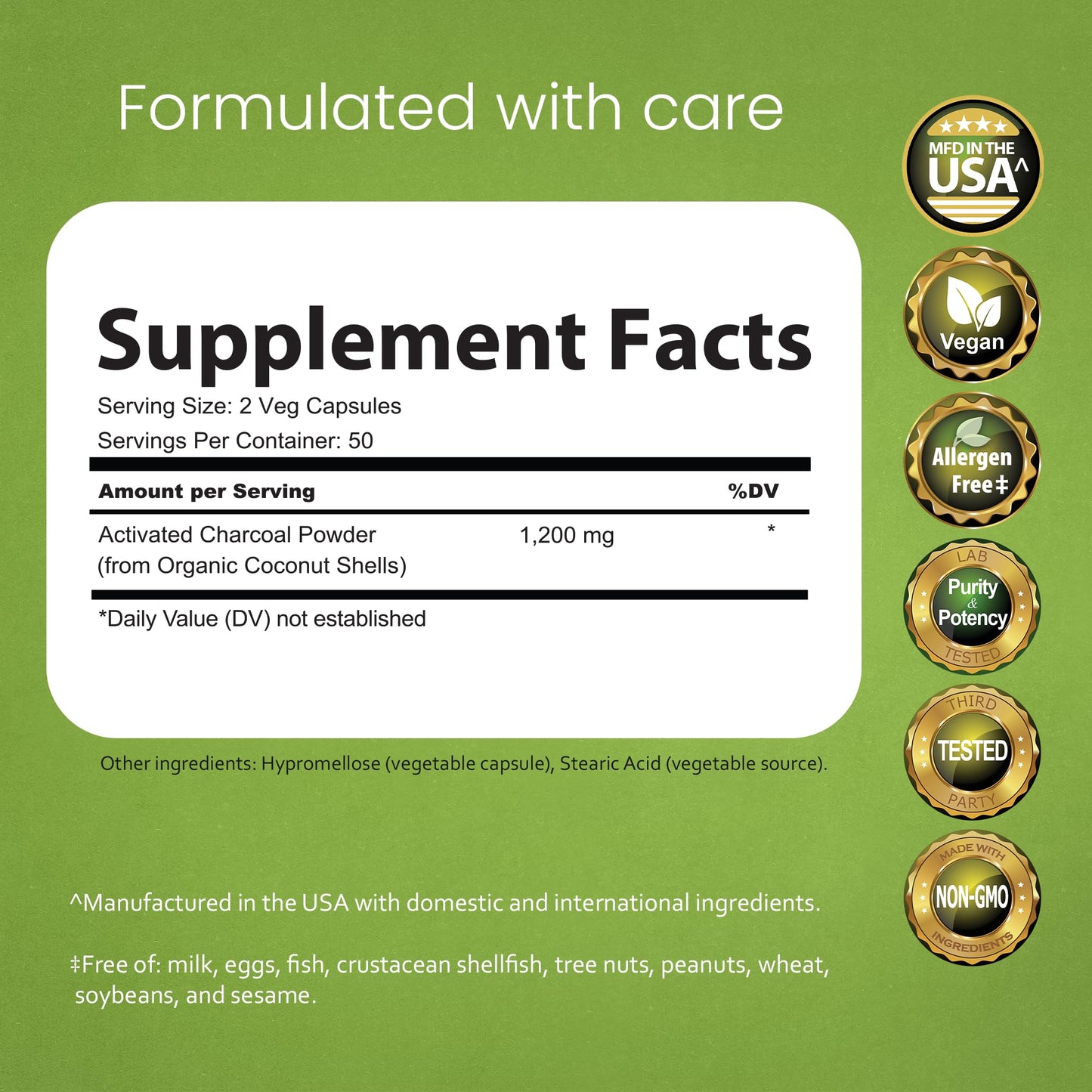 NaturaLife Labs Activated Charcoal 1200 mg per Serving – from Coconut Shells – 100 Veg Capsules – Non-GMO, Gluten-Free, Vegan