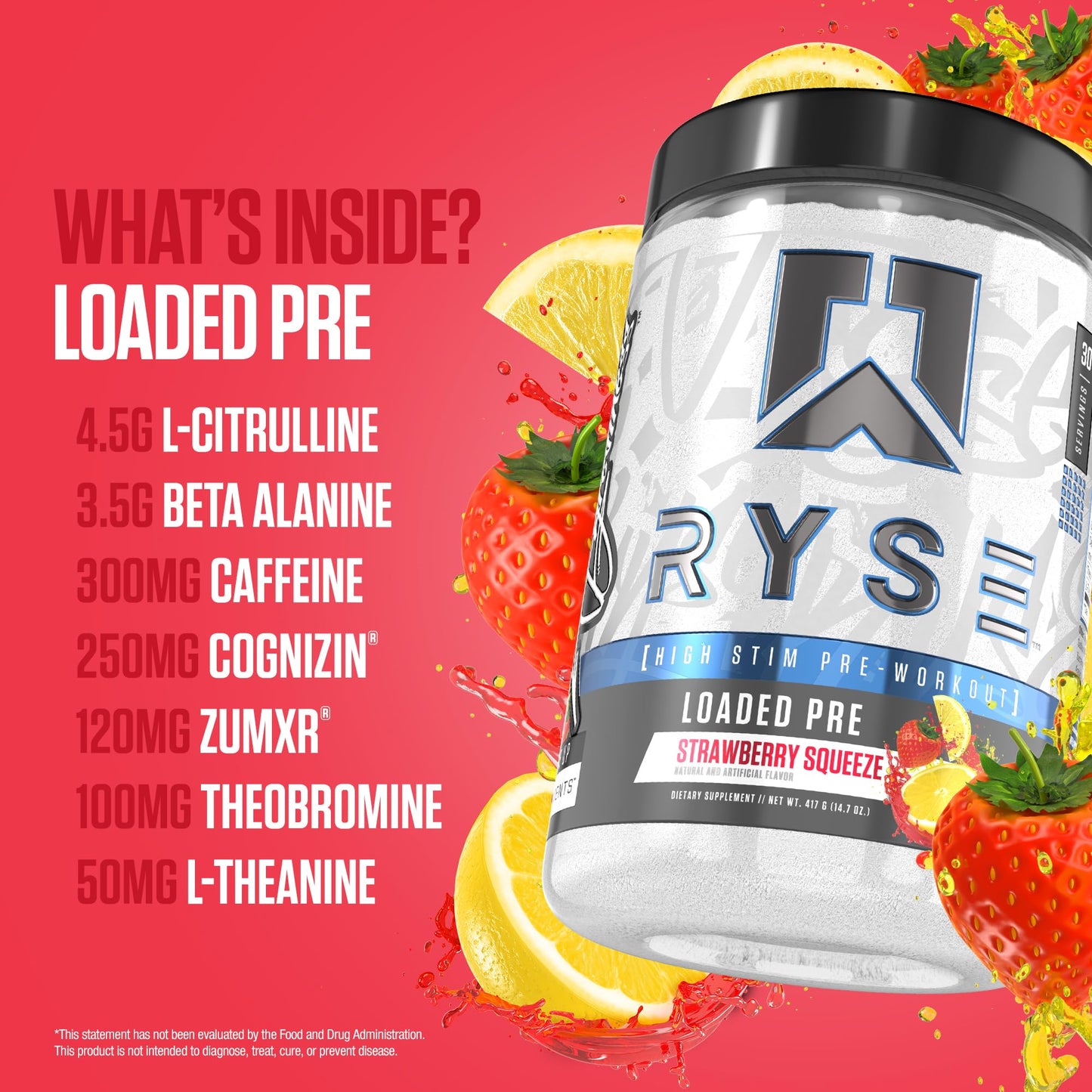 RYSE Loaded Pre Workout Powder - Strawberry Squeeze - Daily Pre-Workout for Men & Women with 390mg Caffeine, Beta Alanine, and Citrulline for Pump
