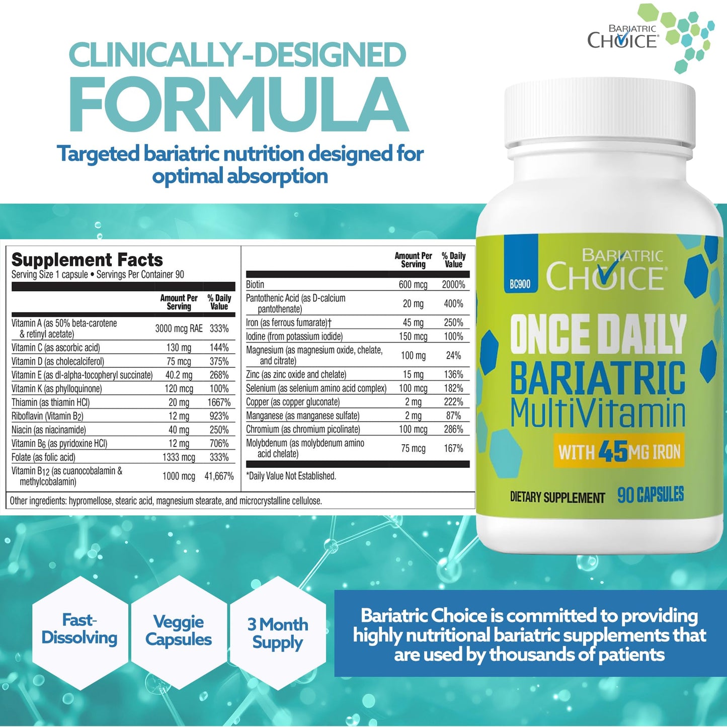 Bariatric Choice Once-Daily Bariatric Multivitamin with 45 mg of Iron | Easy to Swallow Capsule | Vitamin for Bariatric Surgery Patients