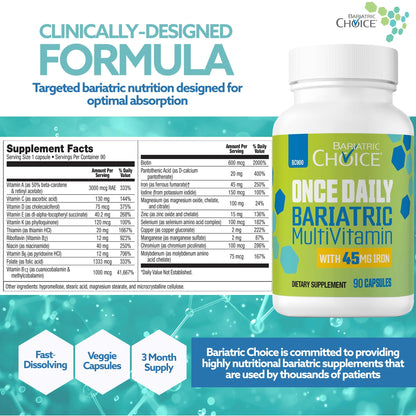 Bariatric Choice Once-Daily Bariatric Multivitamin with 45 mg of Iron | Easy to Swallow Capsule | Vitamin for Bariatric Surgery Patients