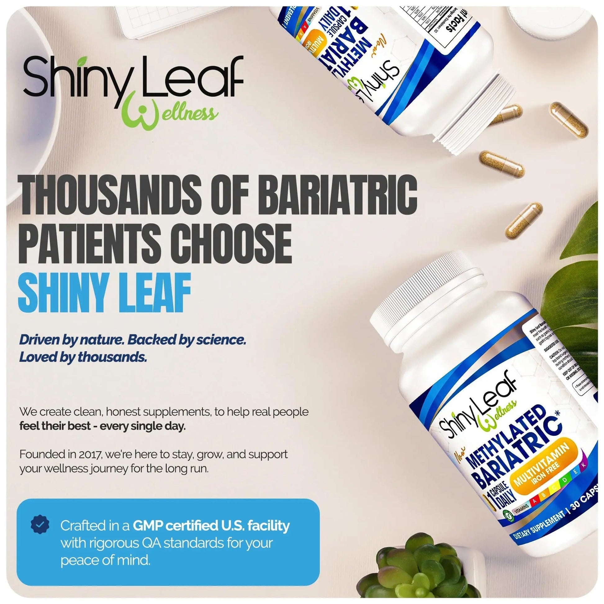 Shiny Leaf Methylated Bariatric Multivitamin Without Iron – Vitamins for Gastric Bypass & Sleeve, 1 Daily Capsule W Methylated Folate Shiny Leaf