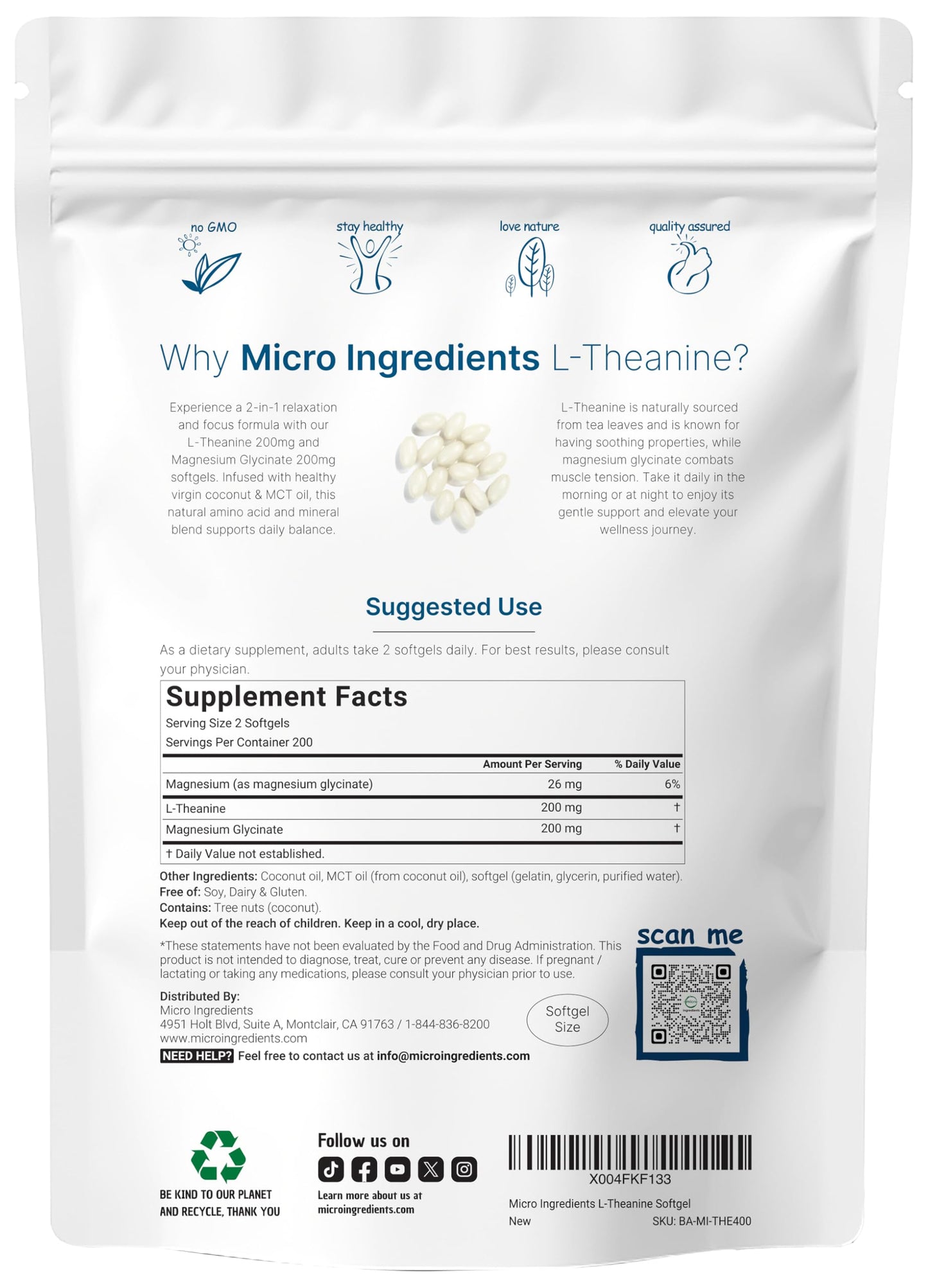 L-Theanine 200mg with Magnesium Glycinate, 400 Coconut MCT Oil Softgels | 2-in-1 Amino Acid & Mineral Complex | Gentle Care All Day & Night Micro IngredientsBuy Supplements Australia