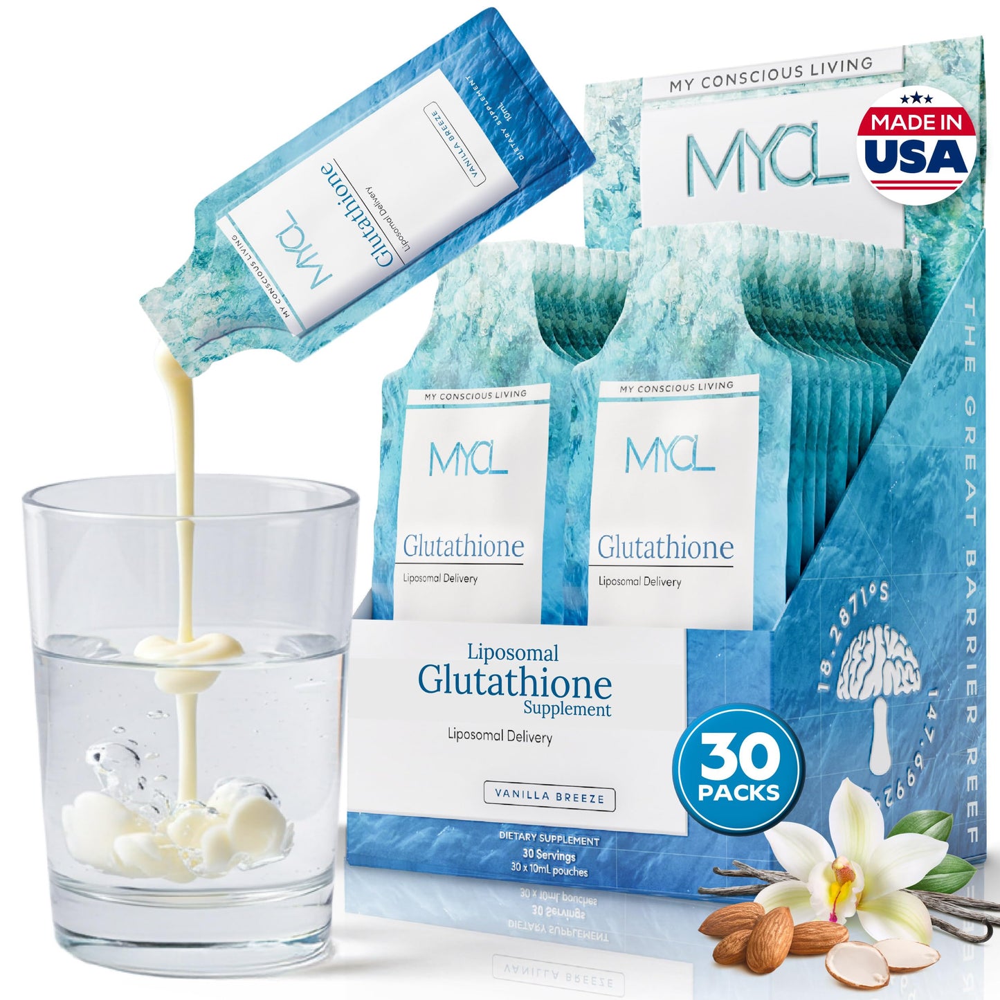 MYCL Liposomal Glutathione Supplement Squeeze Packs – Vitamin E and MCT Oil – Skin, Hair and Nail Health– High Absorption - Vanilla Almond – 30 Single-Serve Packets MYCLBuy Supplements Australia