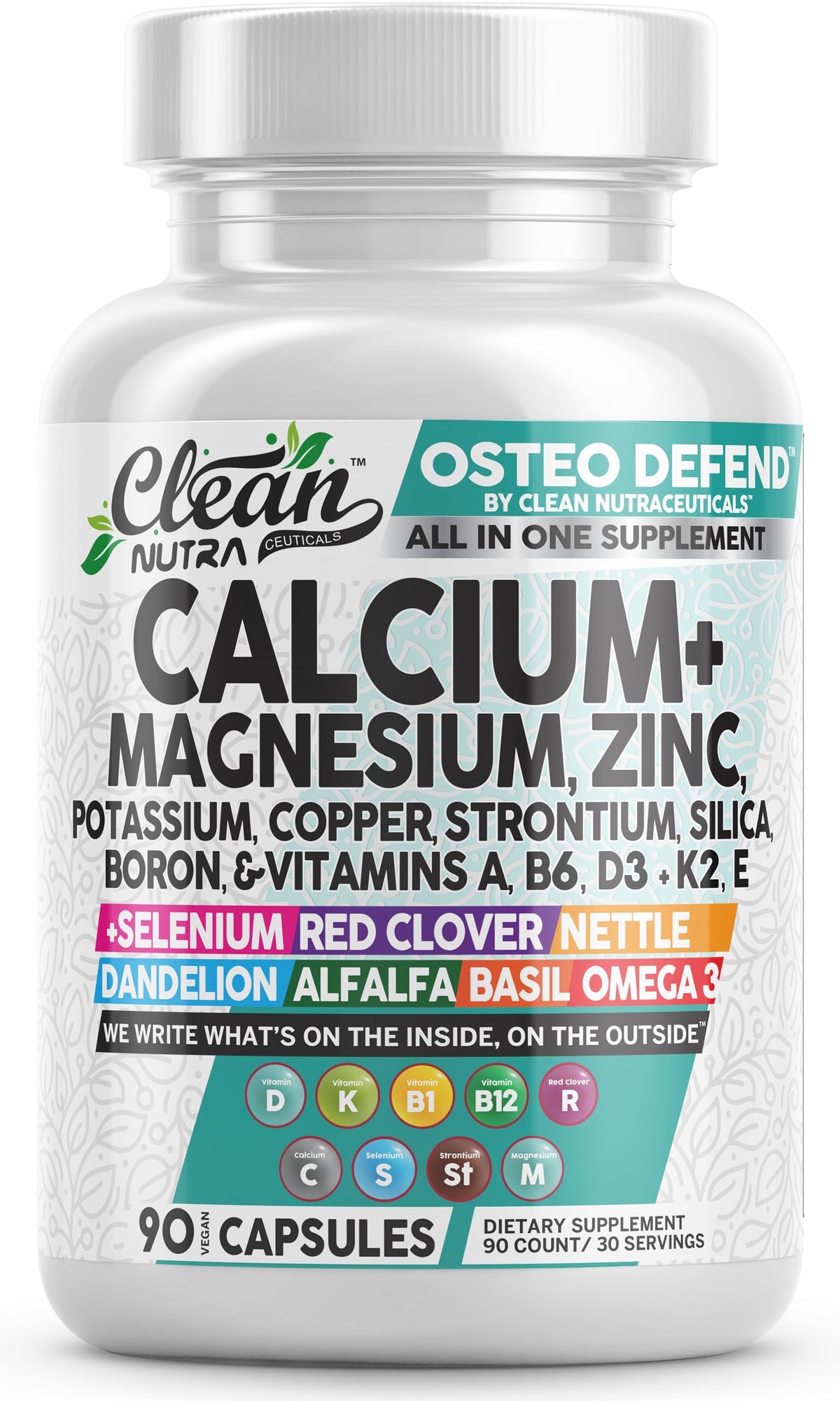 Allin1 Calcium Magnesium Zinc Supplement with Potassium, Copper, Strontium, Silica, Vitamin D3 K2, Boron, Vitamin B1 B12 Red Clover Herb Alfalfa Basil Pills for Men