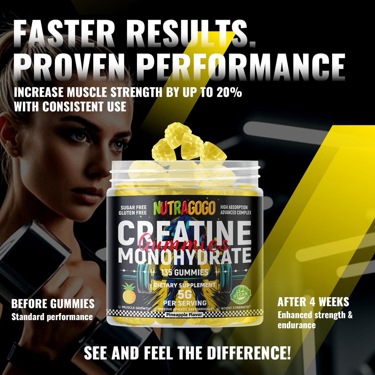 NUTRAGOGO NSF Certified Creatine Gummy - Creatine Monohydrate Gummies for Men & Women-5g of Creatine Monohydrate per Serving - Sugar Free,Vegan, Pineapple Electrolyte Chews, 135 Count
