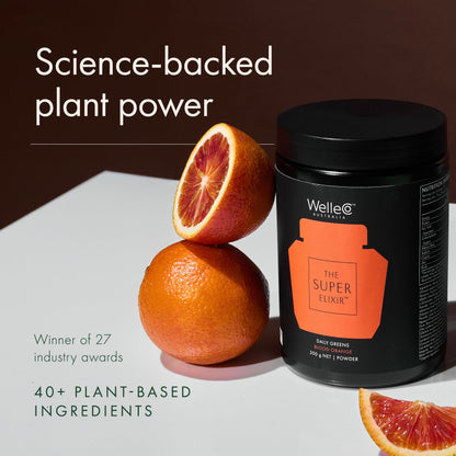 WelleCo The Super Elixir Daily Greens Powder, Probiotic Drink Mix with Whole Foods, Gluten Free, Vegan Gut Health Powder, Energy, Immunity, Healthy Skin, Hair & Nails (Jar, Blood Orange) WelleCo buy supplements Au